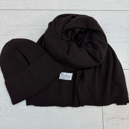 Kaszmirowy Zestaw Szal + Czapka Czekolada