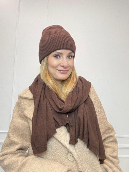 Kaszmirowy Zestaw Szal + Czapka Mleczna Czekolada 