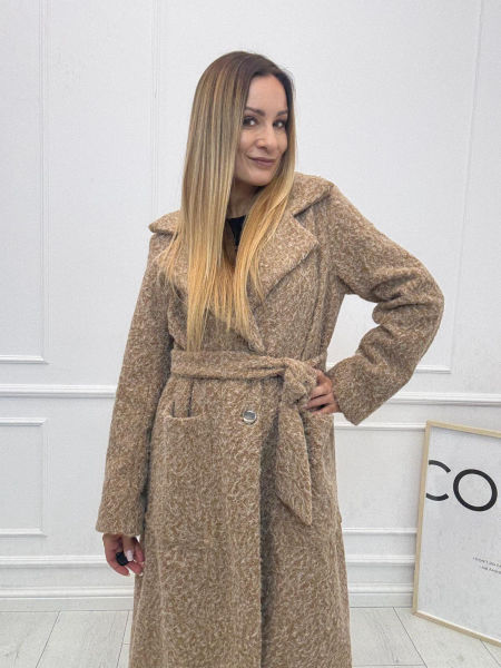 Długi Płaszcz Premium z Paskiem Wełna Melanż Minouu Koniakowy 