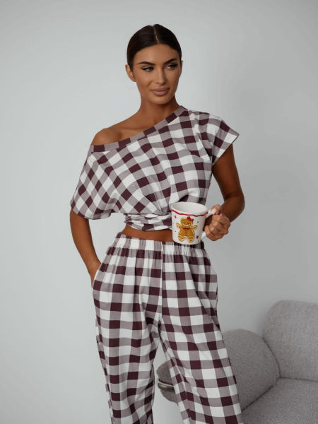 Biała Piżamka BOCCA w Brązową Kratkę