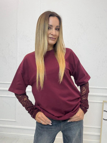 Bordowy Damski T-Shirt Bocca z Koronkowymi Rękawami