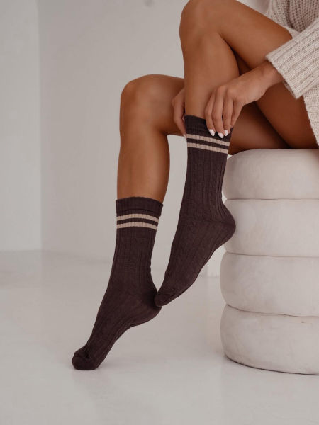 Skarpetki Damskie Warkocz Czekolada z Paskami