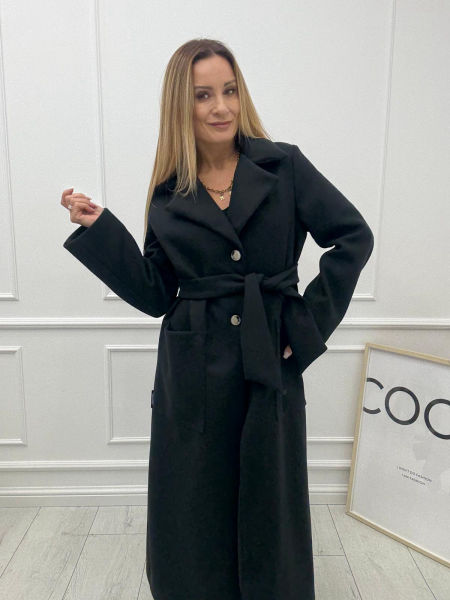 Długi Płaszcz Premium z Paskiem Minouu Czarny