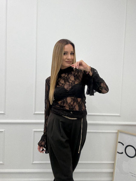  Czekolada Bluzka Koronkowa z Falbanką na Rękawie Minouu