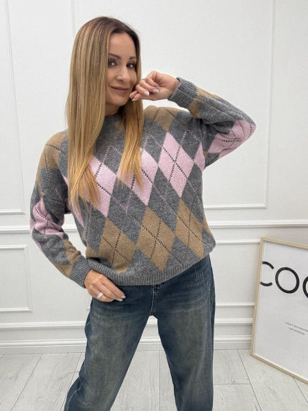  Sweter w Romby Różowo Szary
