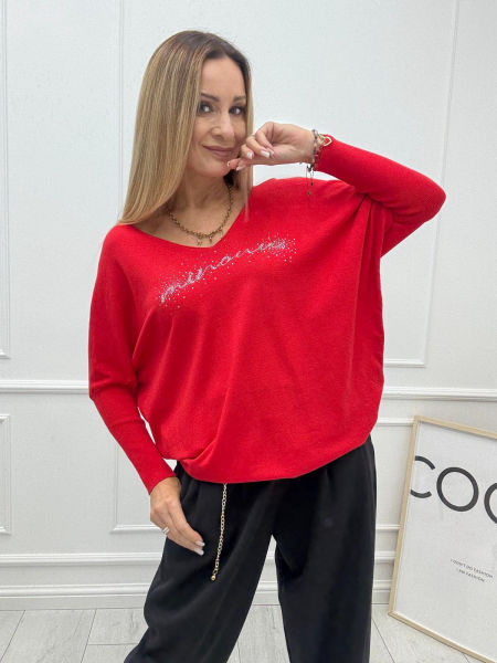 Bluzka Sweter Flora Minouu z Diamentowym Logo Czerwona