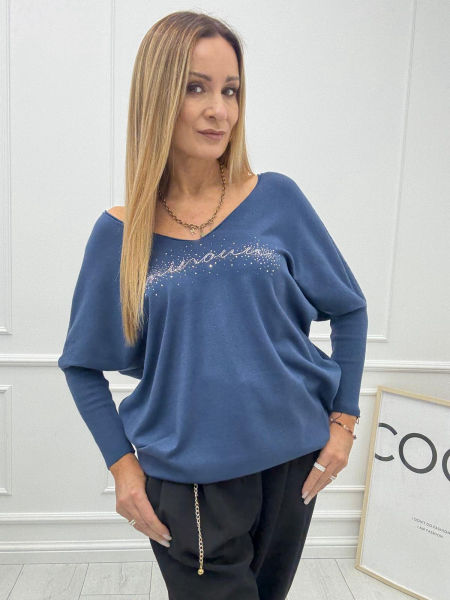 Bluzka Sweter Flora Minouu z Diamentowym Logo Jeansowy