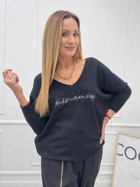 Bluzka Sweter Flora Minouu z Diamentowym Logo Czarna