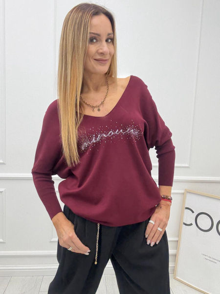 Bluzka Sweter Flora Minouu z Diamentowym Logo Wino