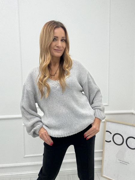 Sweter Minouu z Dekoltem V Szary z Naturalnym Połyskiem