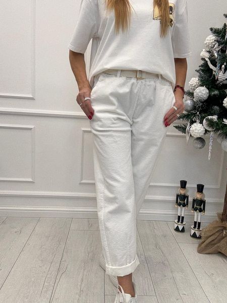 Białe Sztruksowe Spodnie z Parcianym Paskiem 
