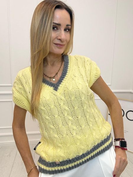 Piękny Pulower Sweter Warkocz Minouu Cytryna z Grafitem