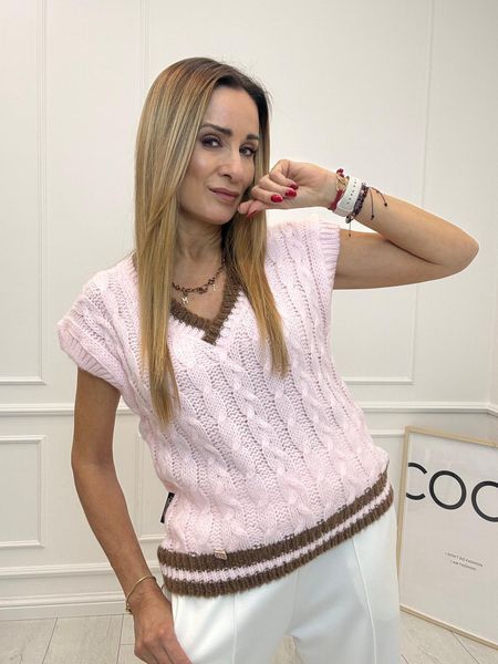 Piękny Pulower Sweter Warkocz Minouu Różowy z Czekoladą