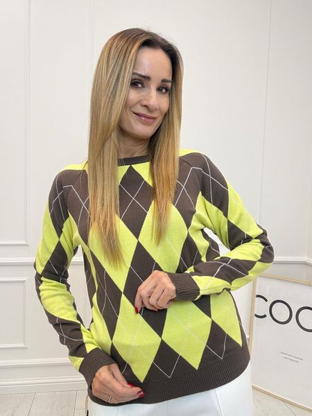 Luksusowa Bluza Sweter w Romby Minouu Cytryna z Czekoladą