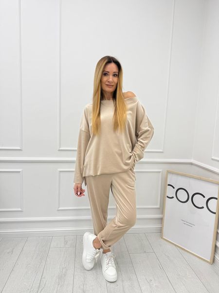 Beżowy Welurowy Komplet Dresowy Minouu Spodnie Patka & Bluzka Agnes 