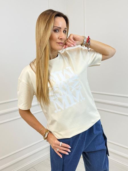 Waniliowa Bluzka T-shirt Minouu z Dekoracyjnym Tłoczonym Logo