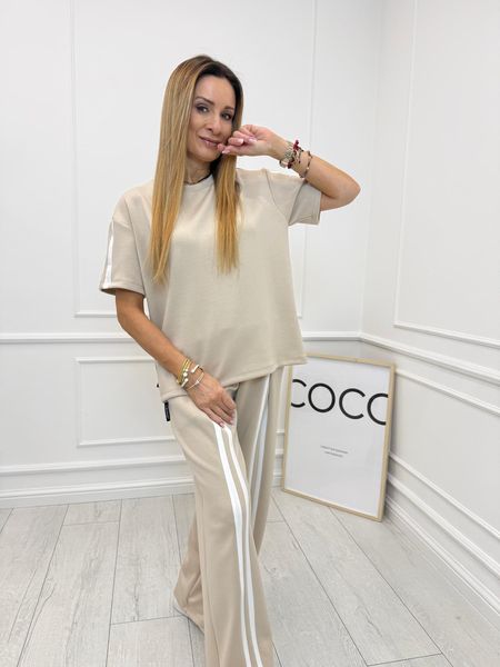 Beżowa Bluzka T-shirt Minouu z Lampasami