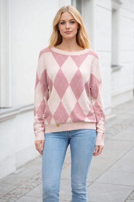 Luksusowa Bluza Sweter w Romby Minouu Pudrowy Róż