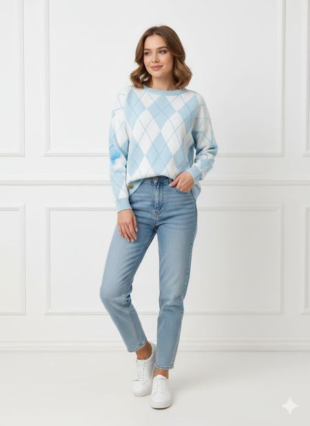 Luksusowa Bluza Sweter w Romby Minouu Błękitna