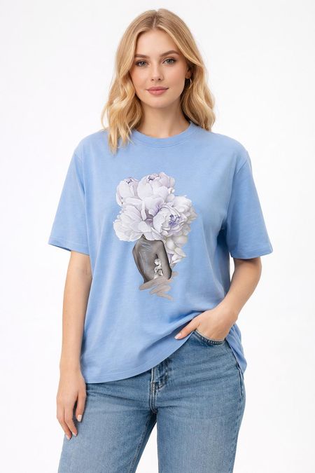 Bluzka T-shirt Minouu Kobieta z Piwoniami Kolor Błękitny