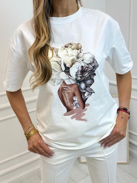 Bluzka T-shirt Minouu Kobieta z Piwoniami Kolor Kokos