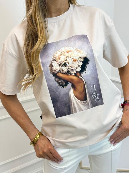 Bluzka T-shirt Minouu Piwonie Kolor Beżowa