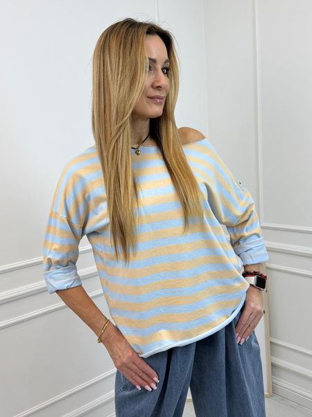 Bawełniana Bluzka w Pastelowe Paski Błękitno Morelowa 