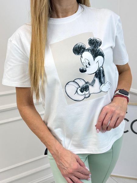Biała Bluzka T-shirt Nooda z Aplikacją Miki Beżowe Tło