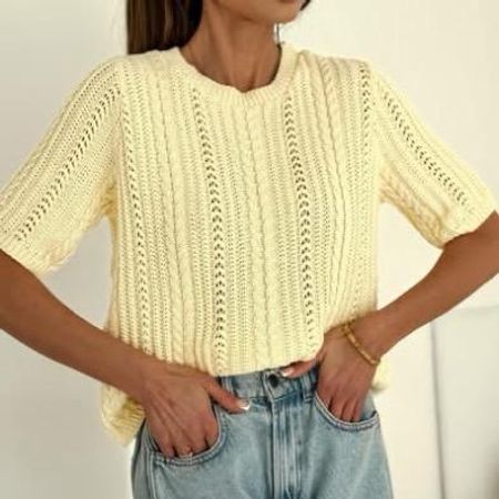  Sweter Bocca Ażurowy Warkocz z Krótkim rękawkiem Bananowy