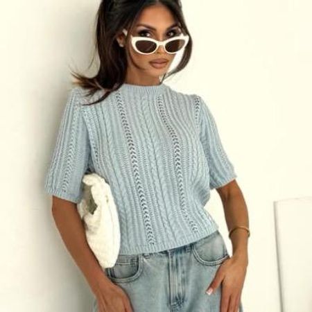  Sweter Bocca Ażurowy Warkocz z Krótkim rękawkiem Błękitny