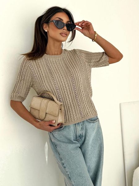  Sweter Bocca Ażurowy Warkocz z Krótkim Rękawkiem Beżowy