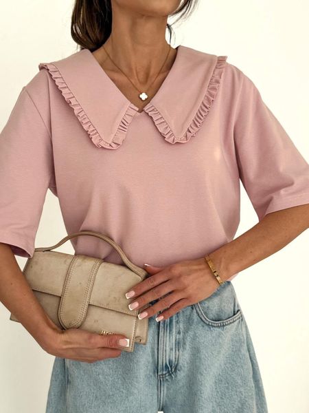 Bluzka z Kołnierzykiem i Krótkim Rękawkiem Bocca Pudrowa