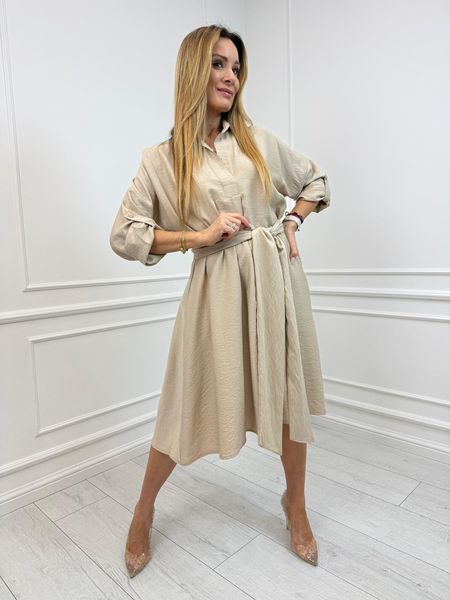 Beżowa Sukienka Koszulowa z Wiązaniem Minouu