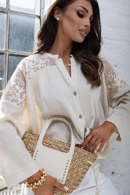 Koszula  Xana Len z Koronką Beżowa 