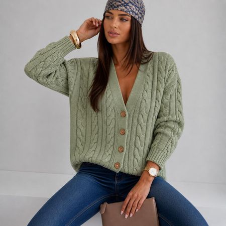 Bawełniany Kardigan Sweter Warkocz Matcha Latte