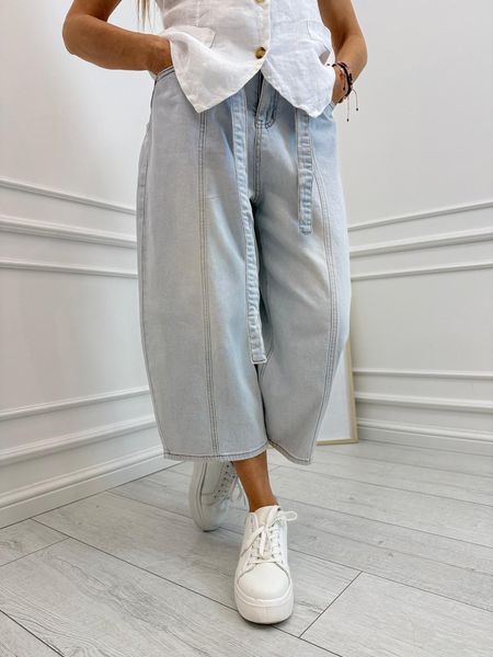 Jeansowe Spodnie Culotte Light Blue z Wiązaniem
