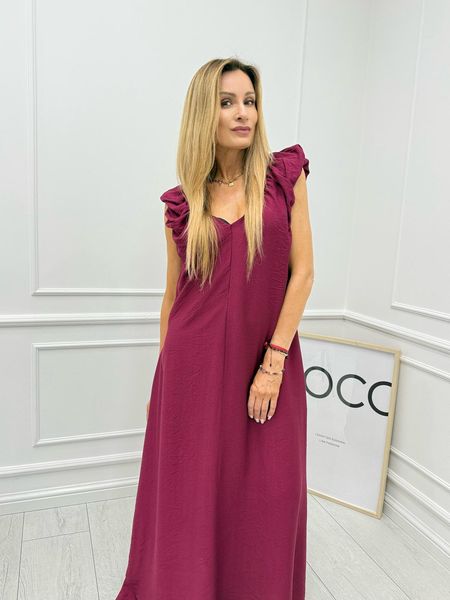 Wiskozowa Sukienka Maxi z Bufkami i Wiązaniem na Plecach Bordowa 