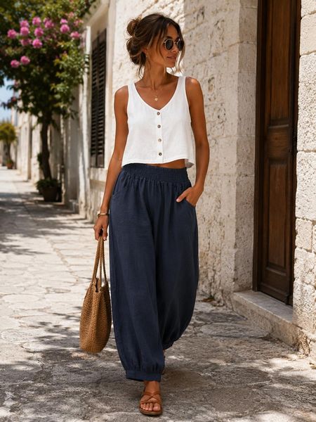 Lniane spodnie Summer Breeze Wiya Granatowe