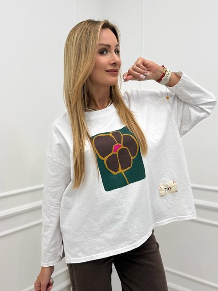 Bluzka Long z Aplikacją Flower Joy Biała