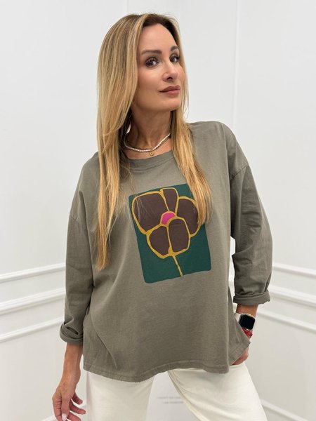 Bluzka Long z Aplikacją Flower Joy Khaki 