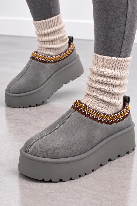 Modne Buty na Platformie z Futerkiem Szare 