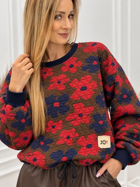 Bluza JOY Jesień Flowers Kolor Czekoladowy z Czerwonymi Kwiatami