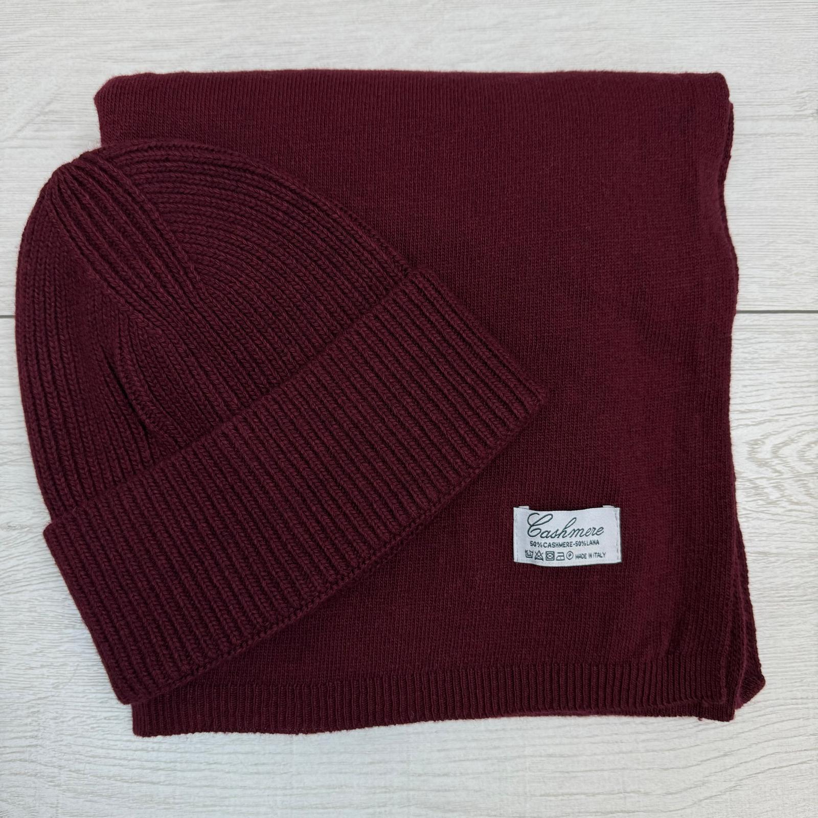 Kaszmirowy Zestaw Szal + Czapka Bordo