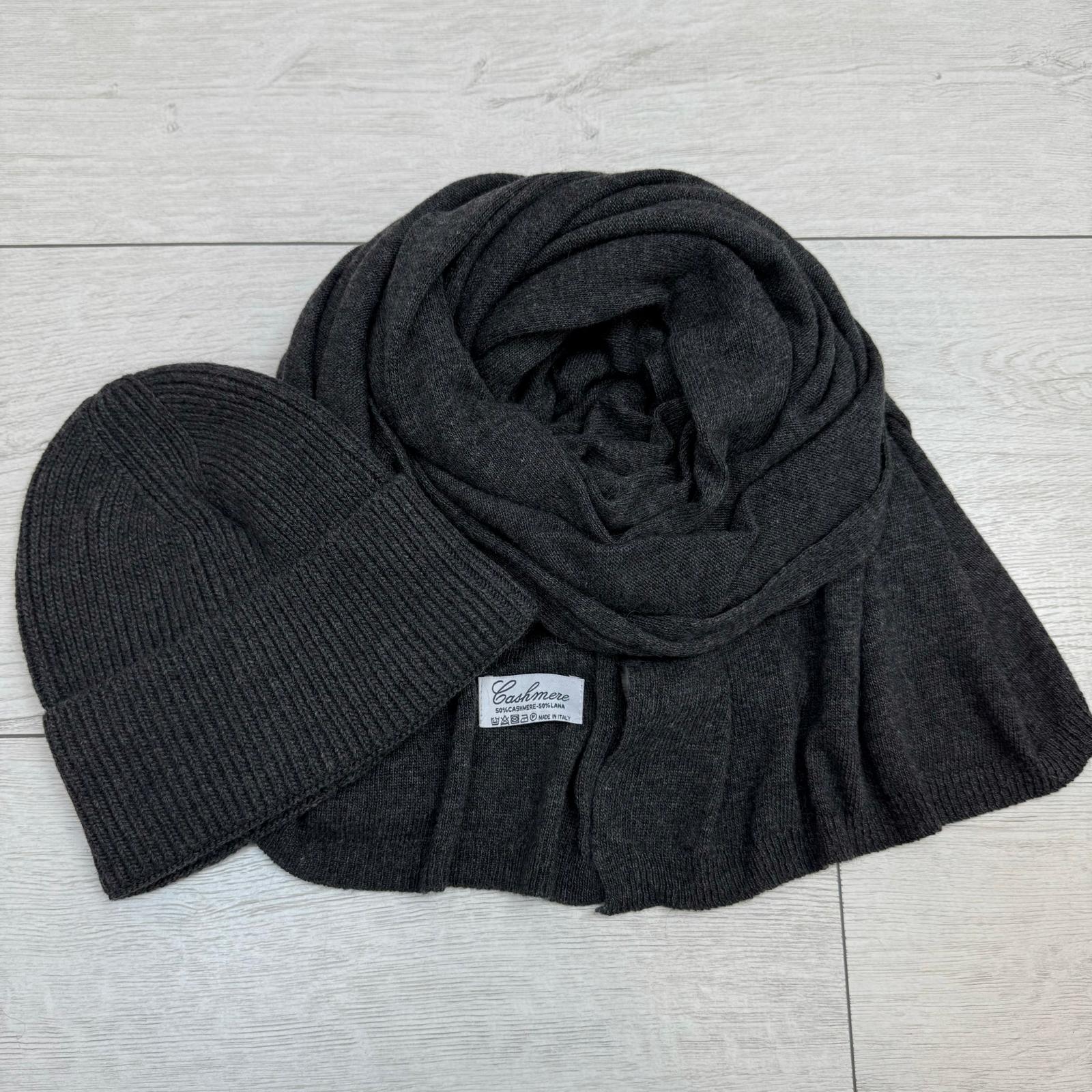 Kaszmirowy Zestaw Szal + Czapka Grafit