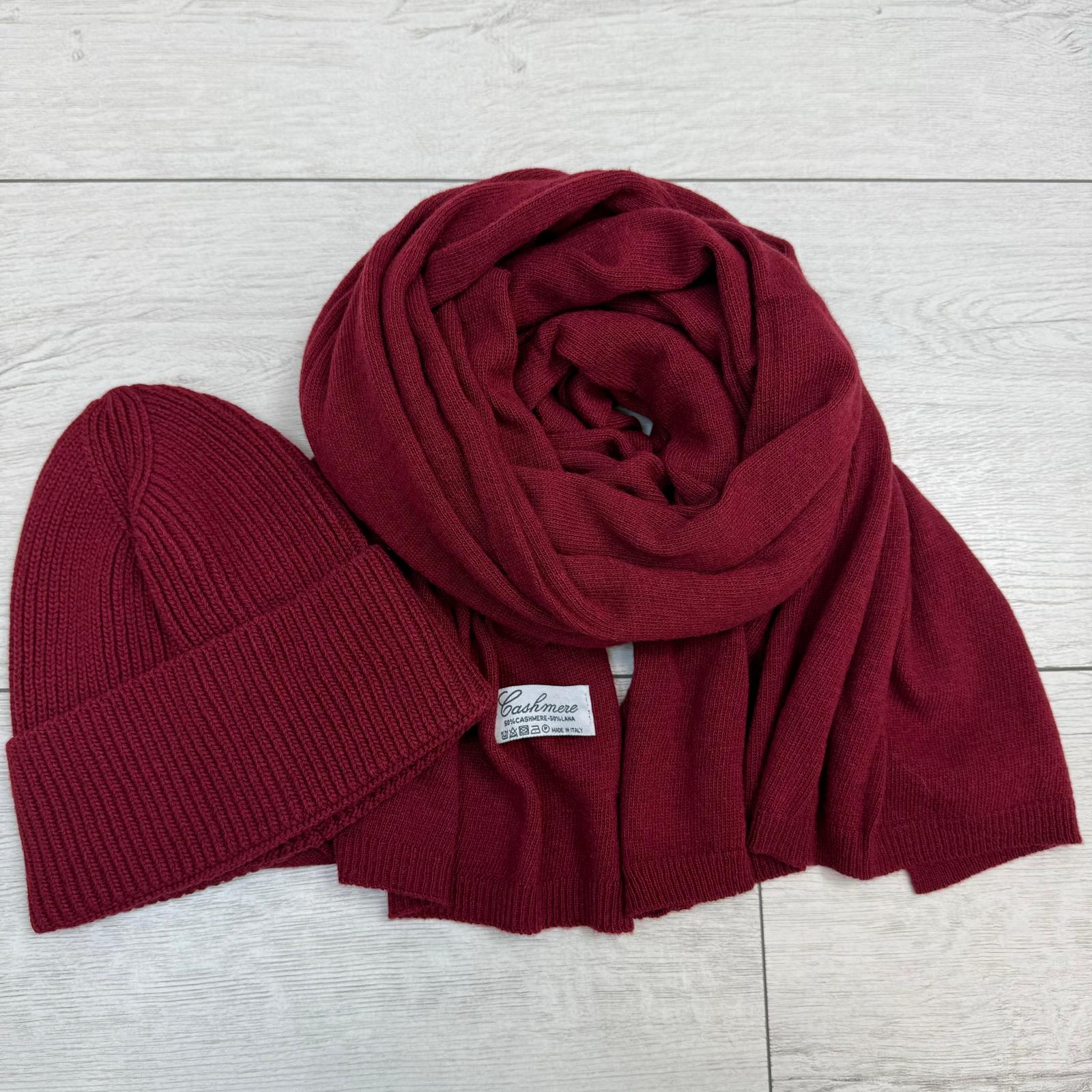 Kaszmirowy Zestaw Szal + Czapka Wino