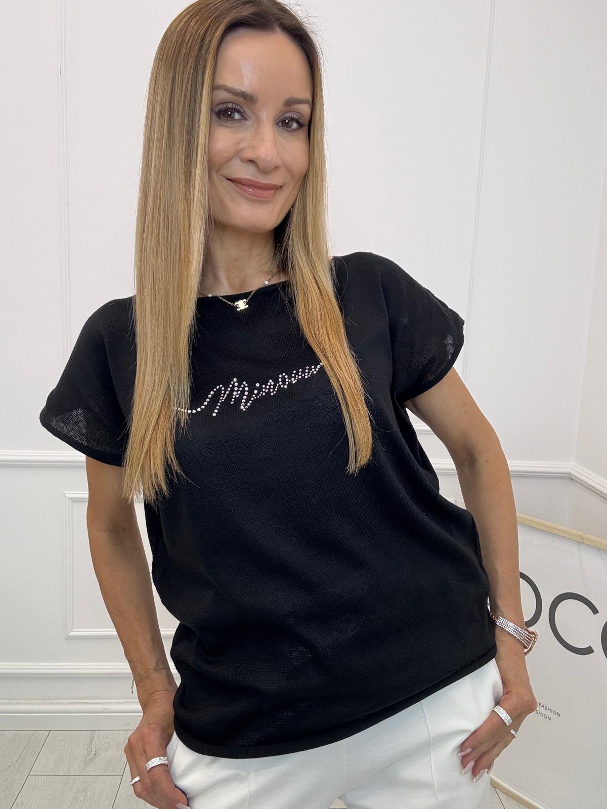 Czarna Bluzka Logo Cekiny Minouu 