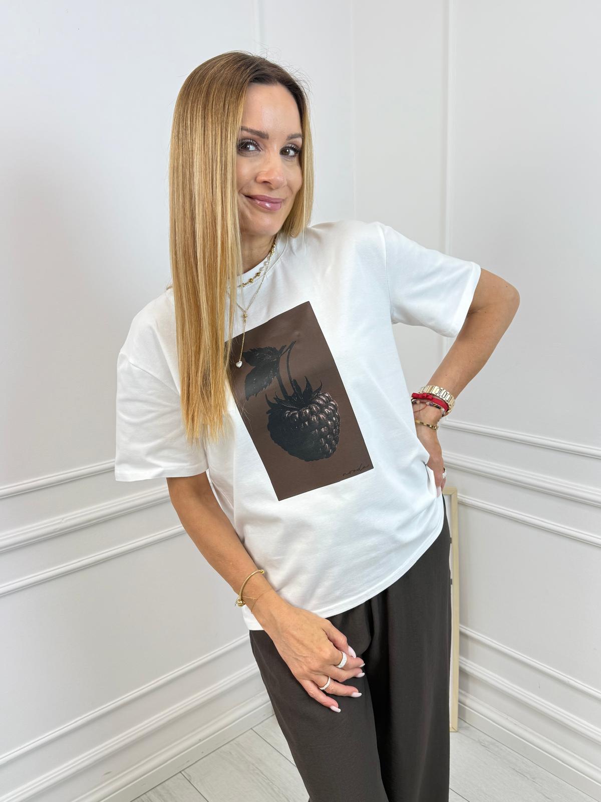 Biała Bluzka T-shirt Nooda Model z Czekoladową Maliną