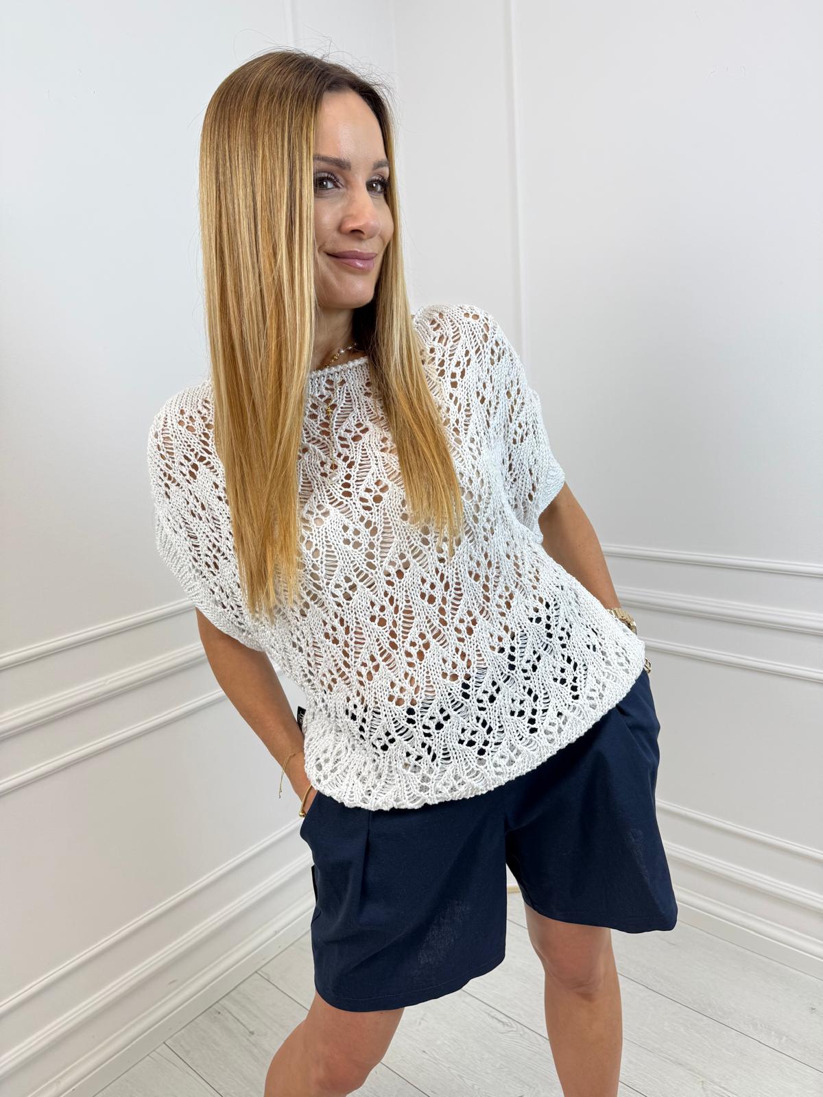Sweter Biały Ażur Minouu Cekiny