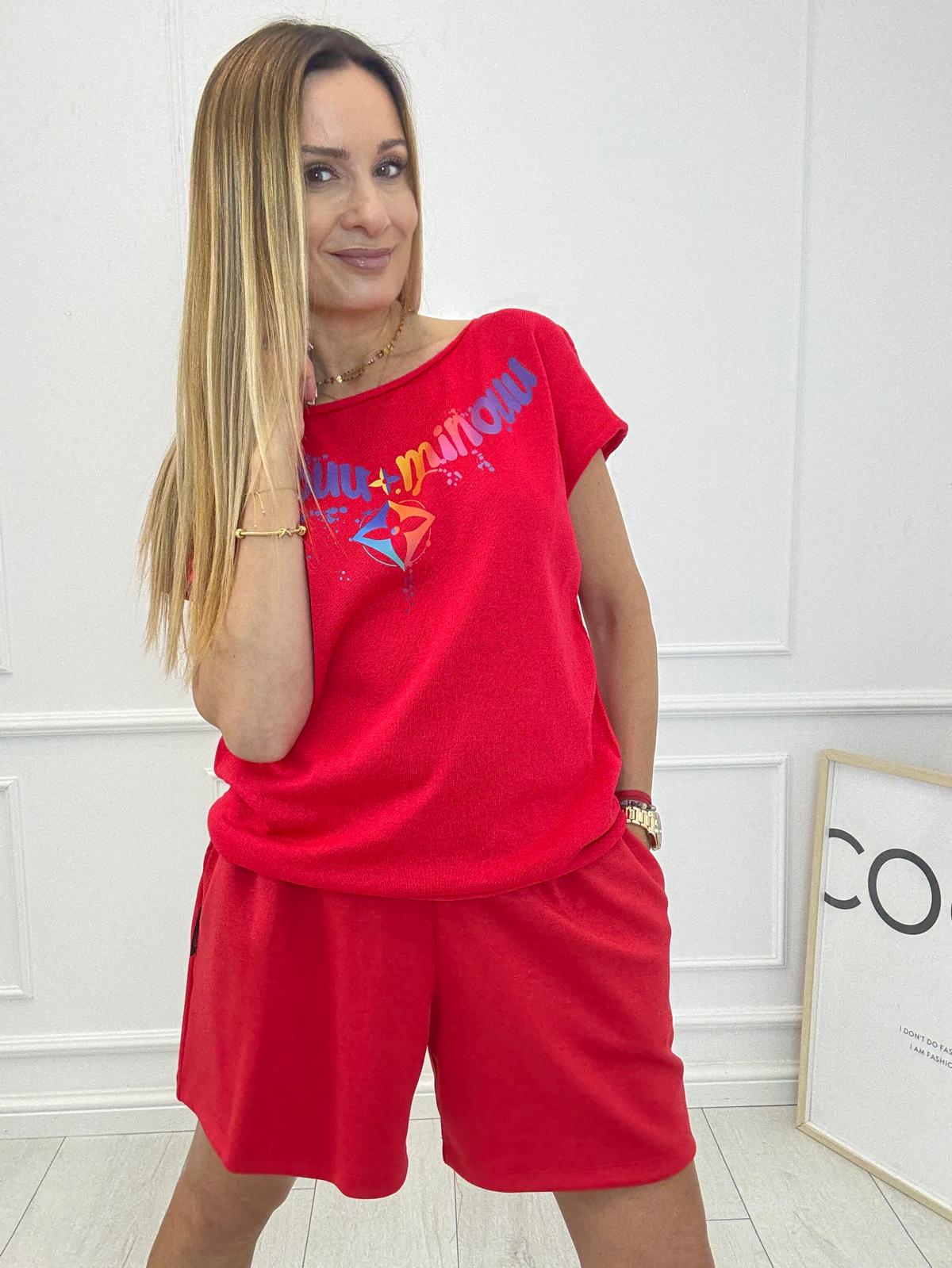 Czerwona Bluzka Flora z Kolorowym Logo Minouu 