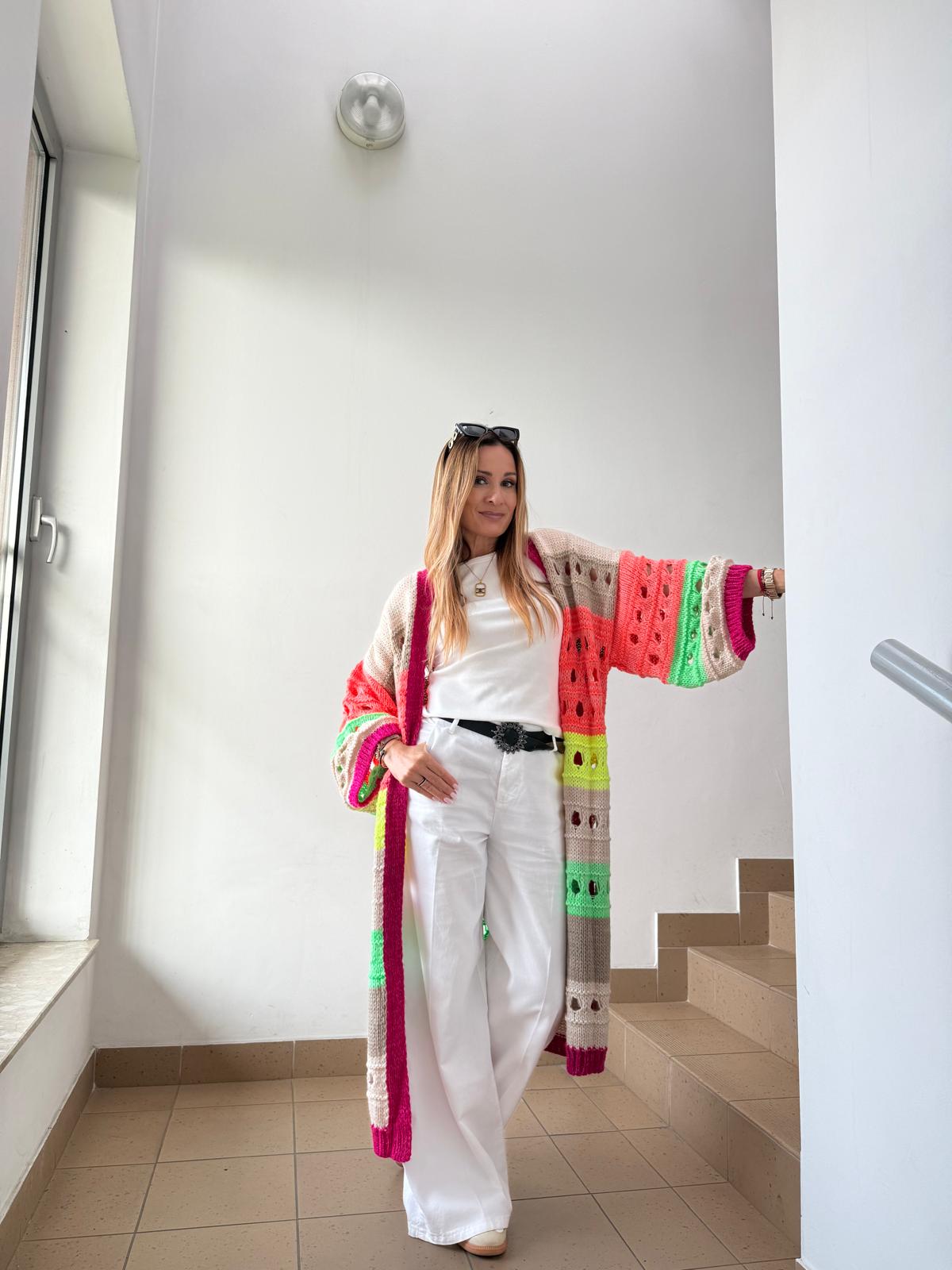Kolorowy  Kardigan Boho Minouu Różowy